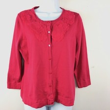 Charter Club Petites Womens Sweater sz PM Pink Cardigan Floral Collar Accent