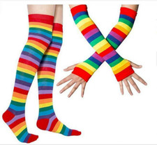 Girls Knee Thigh High Socks Arm Warmer Gloves Rainbow Striped Party Cosplay Chic