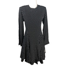 Vintage 80s Dress Womens Size M Black Polka Dot A Line Tiered Skirt Deadstock