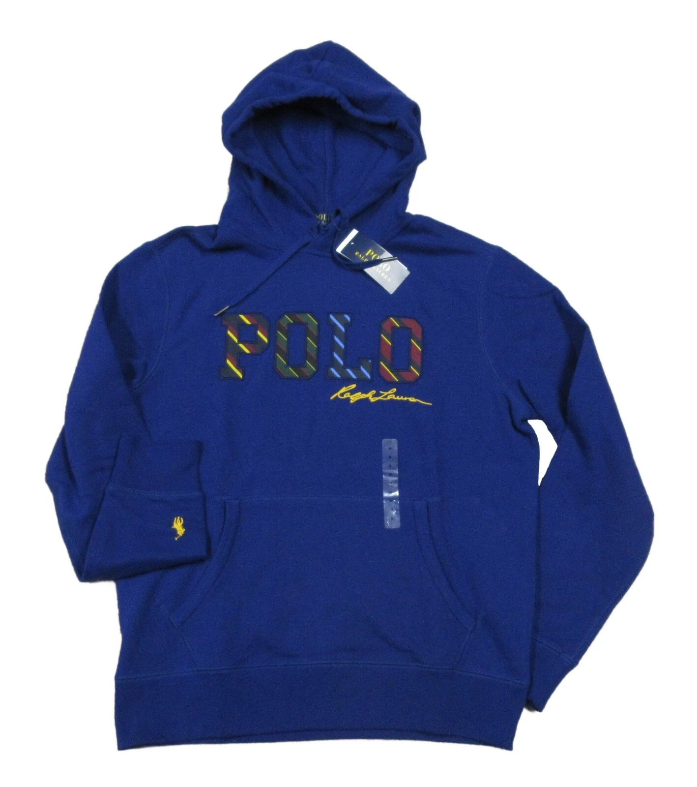 Polo Ralph Lauren Men's Blue Stripe Logo Graphic Fleece Lined Pullover Hoodie