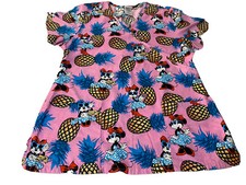 Disney Minnie Mouse Womens Medium Pink Pineapple Scrub Top V-Neck Medical Nurse