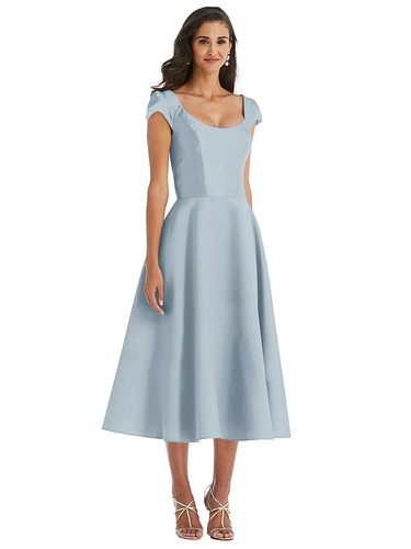 Alfred Sung Mist Blue Cap Sleeve Satin Midi Cocktail Dress Size 4 $206 D798