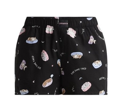 JOYSPUN Women s 2X (18W-20W) Woven Sleep Shorts Dog Gone Tired Boxers   Black
