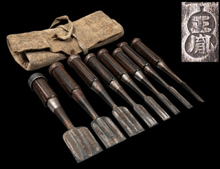 Vintage Japanese Oire Nomi Chisel 8pc Set Multi Ura Ebony Handles 玉清 Work Mark
