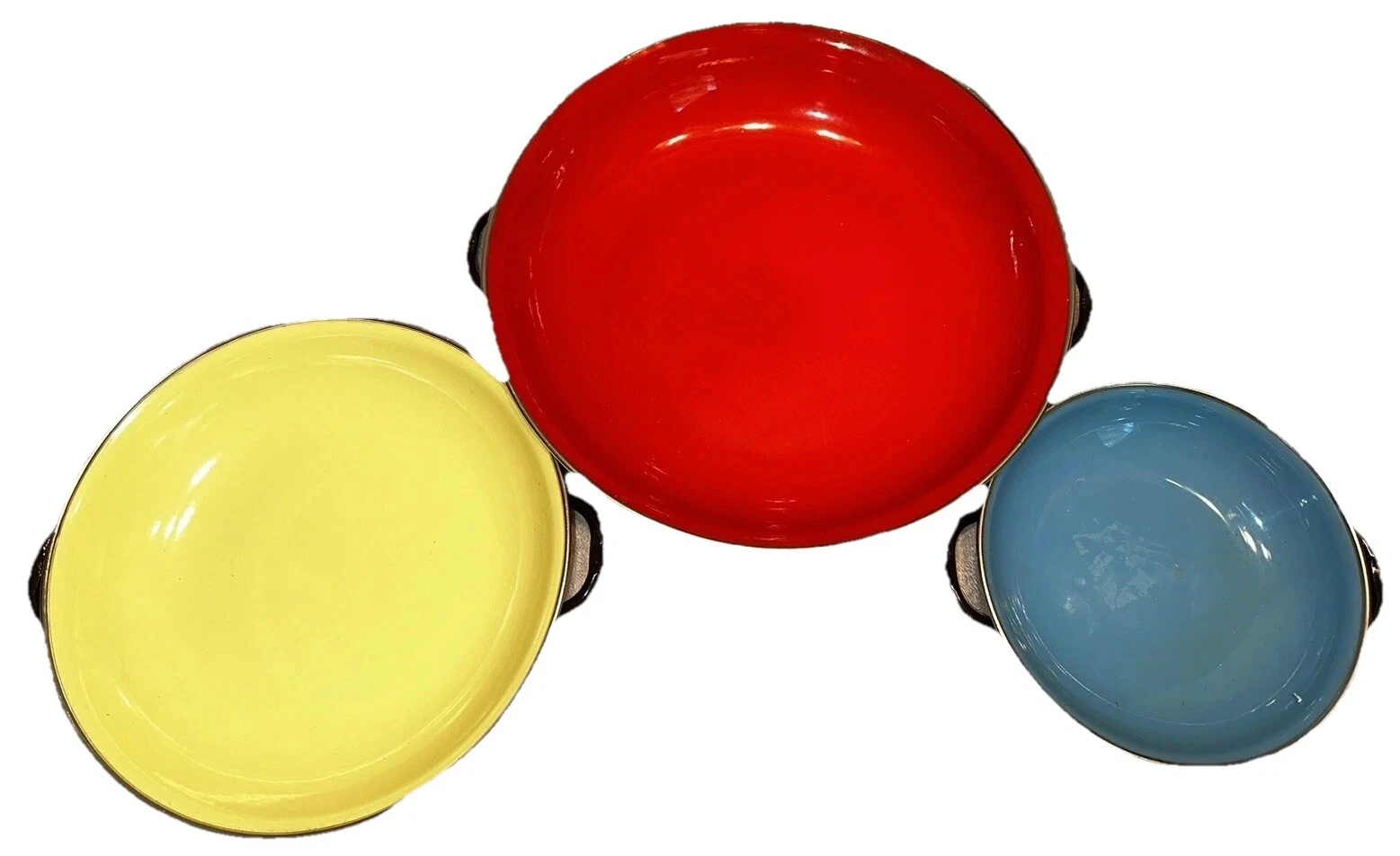 Vintage 3 Piece Enamel Saute Pans Set Emo Celje Yugoslavia Red Yellow Blue