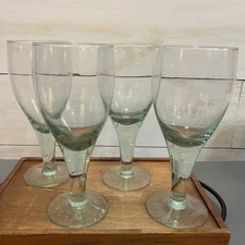 Set of 4 Vintage Hand Blown Heavy Water Goblets Clear Green Glass Made in Spain