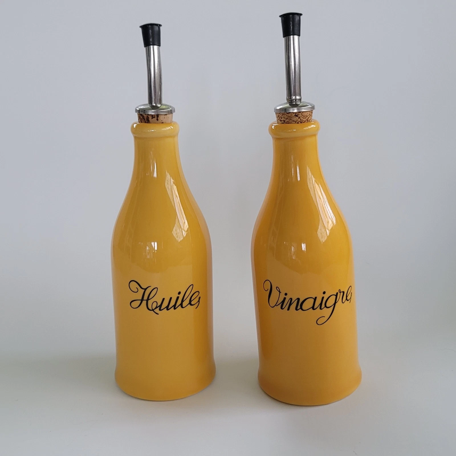 Vintage Revol Oil & Vinegar Bottles France Yellow Porcelain Kitchen Set Of 2