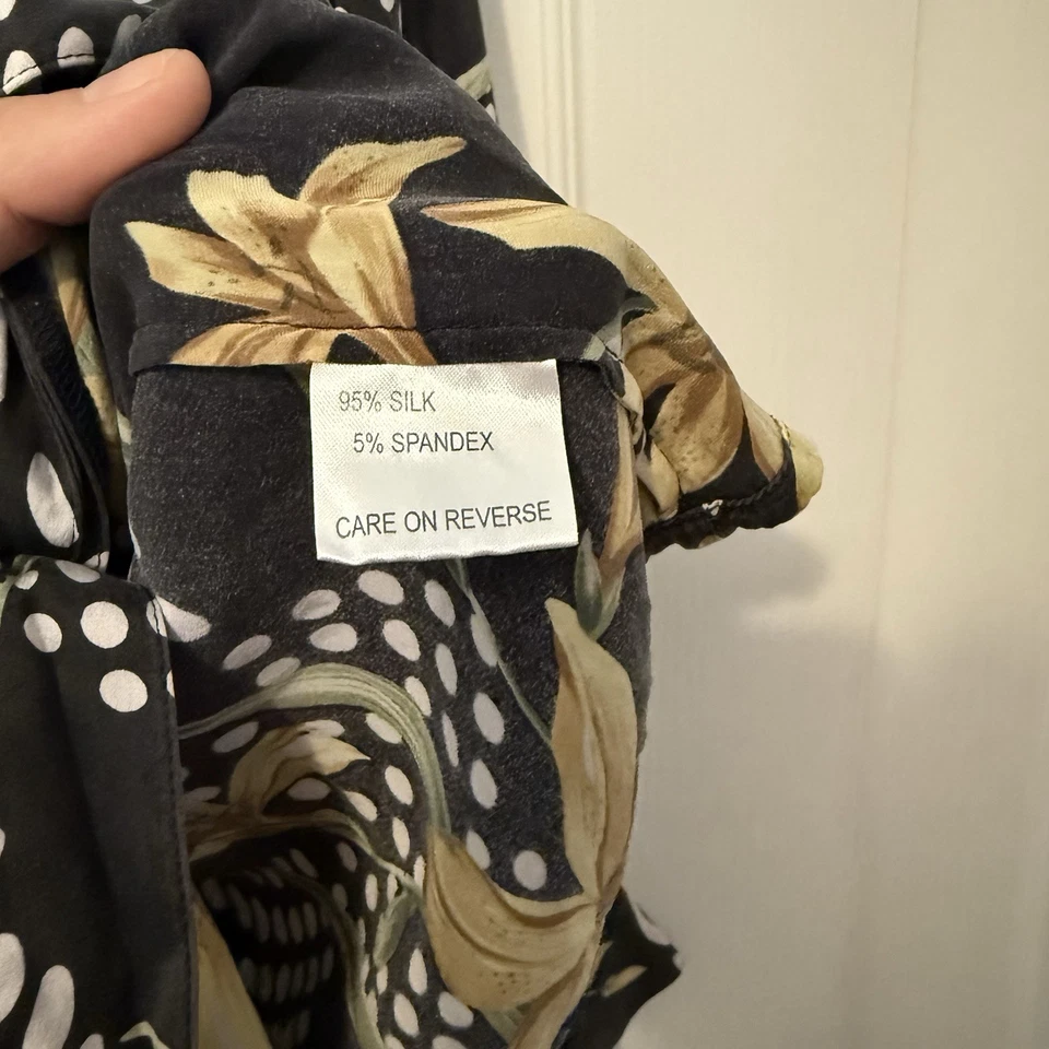 St. John Women’s Designer Vintage Silk Floral Black Yellow Polka Dot Blouse 6 - Image 4 of 4