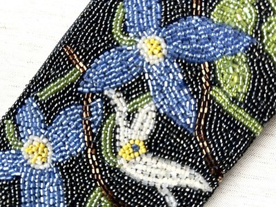 MILLICENT FINE Seed Beaded Pouch Cosmetic Bag Gray Blue Floral Colorful