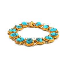 18K YG Vintage Turquoise Link Granulation Bracelet 16.0g, 7"