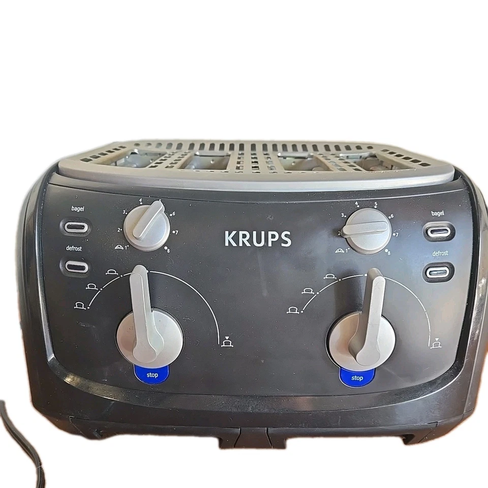Tostadora de metal negro Krups 4 rebanadas bagel recalentamiento descongelación ajustes E105682 probado Foto 2 de 4