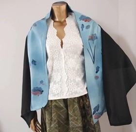 Handmade Japan Kimono Pure Silk Scarf Stole Floral Black Blue 2Way Upcycled