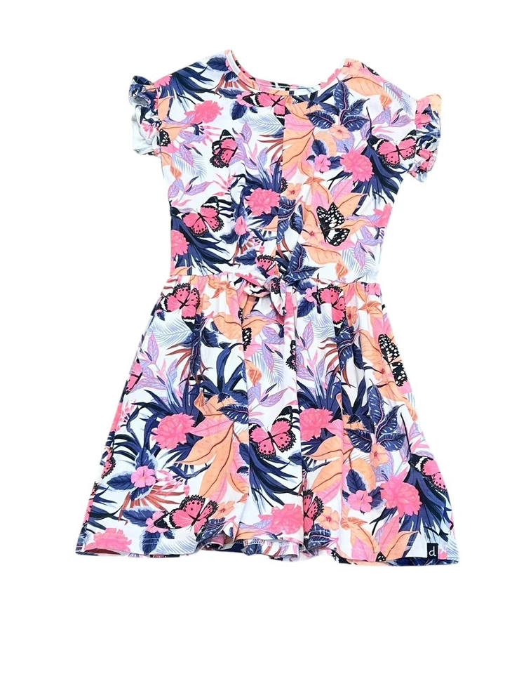 Deux Par Deux Organic Cotton  Short Sleeve Dress Flare Pink & Blue Butterfly 8 - Image 4 of 4