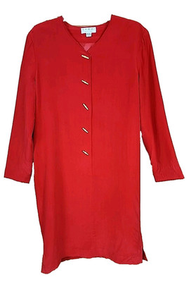 Shomi by Miller Shor Red Silk Shift Dress sz 8 Gold Toggle Buttons Lined Vtg R2