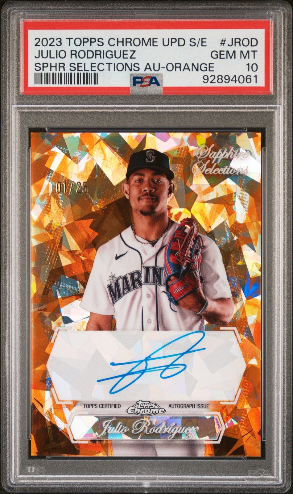 Julio Rodriguez 2023 Topps Chrome Sapphire Orange Selections Auto /25 PSA 10
