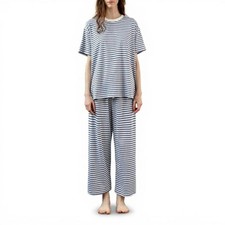 Women's two-tone striped loungewear set with drawstring waist and short