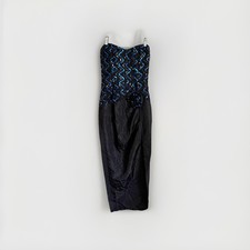 Vtg 80s Gunne Sax Glam Prom Dress Sequin Taffeta Blue Black Strapless Slit 9/10