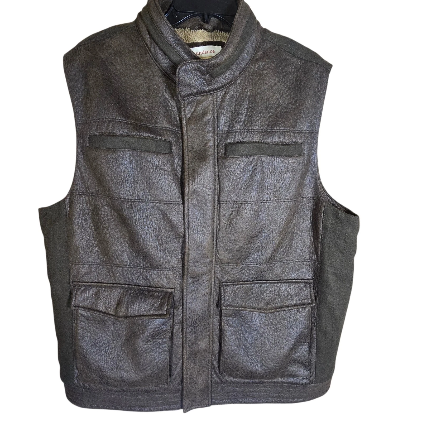 Sundance Mens Faux Fur Lined Cargo Pocket Brown Vest