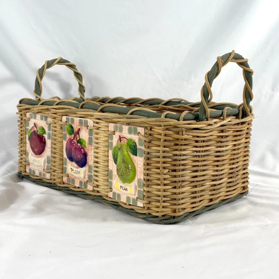 Basket w fruit ceramic tiles, green and tan wicker, 15.75" x 8.75" x8.5" - Image 2 of 4