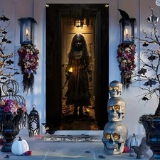 Ghost Doll Halloween Door Banner Haunted Candle Horror Backdrop Front Decor