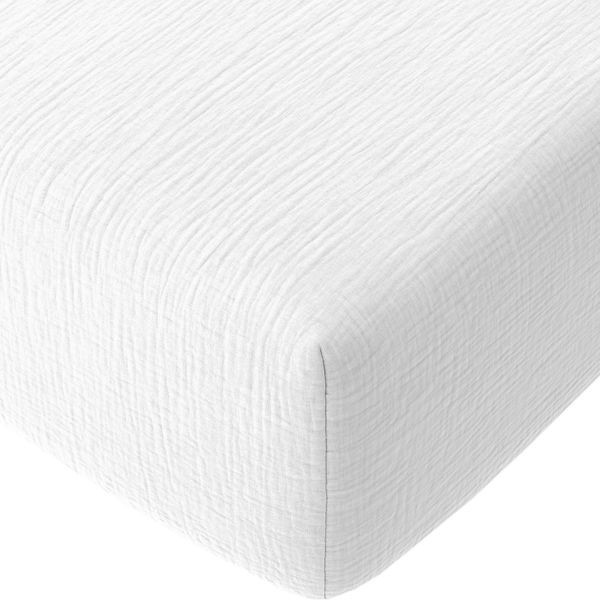 Drap housse 160x200 cm gaze de coton lavé blanc pour matelas épais sans repassage