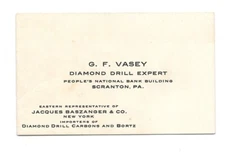 Vintage Business Card GF VASEY Diamond Drill Expert Scranton PA Baszanger & Co