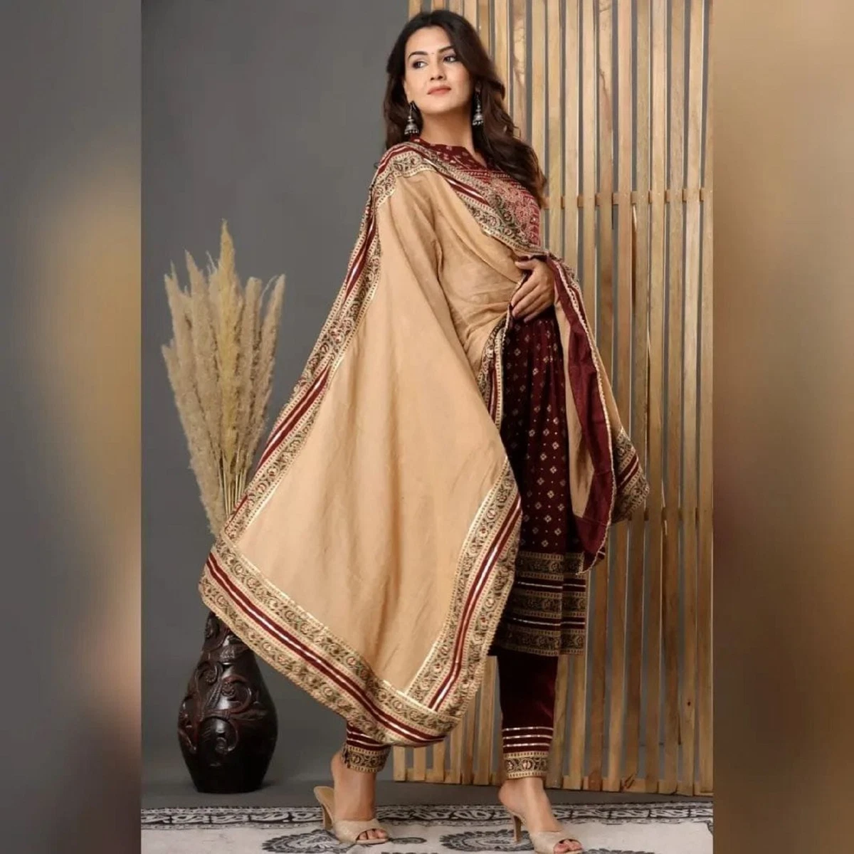 Indian Handmade Wedding Party Wear Women Naira Cut Kurti Pant Dupatta Gift Dress