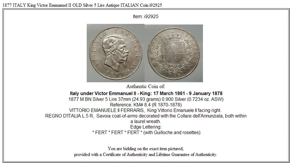 1877 ITALY King Victor Emmanuel II OLD Silver 5 Lire Antique ITALIAN Coin i92925 - Image 3 of 3