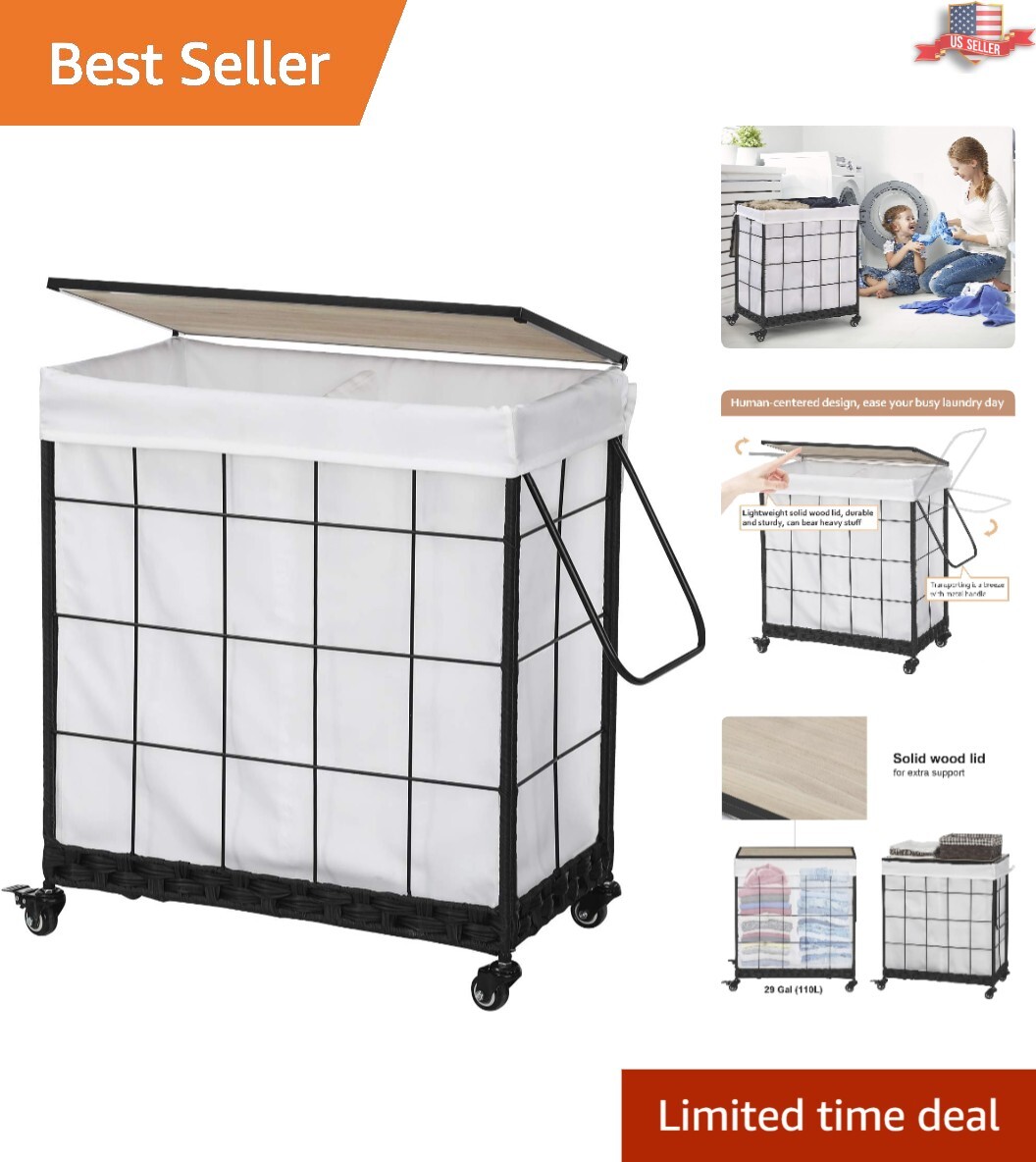 Laundry Hamper with Wood Lid and Divided Liner Bag - Rolling Wheels - Capacity-image