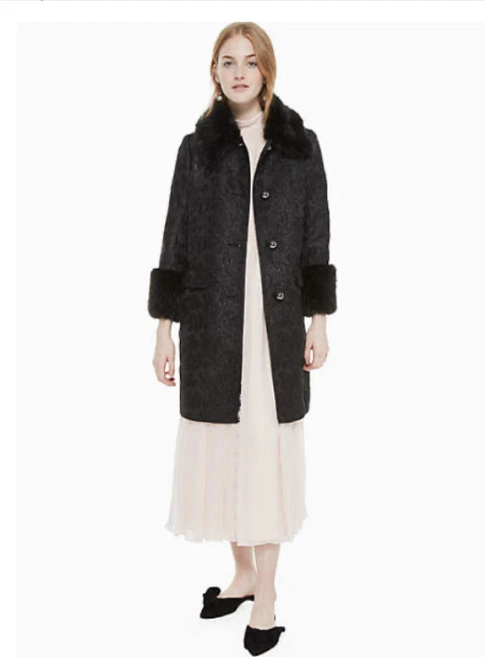 Cappotto Kate Spade nero Dashing Beauty jacquard metallizzato pelliccia sintetica orlo taglia 4