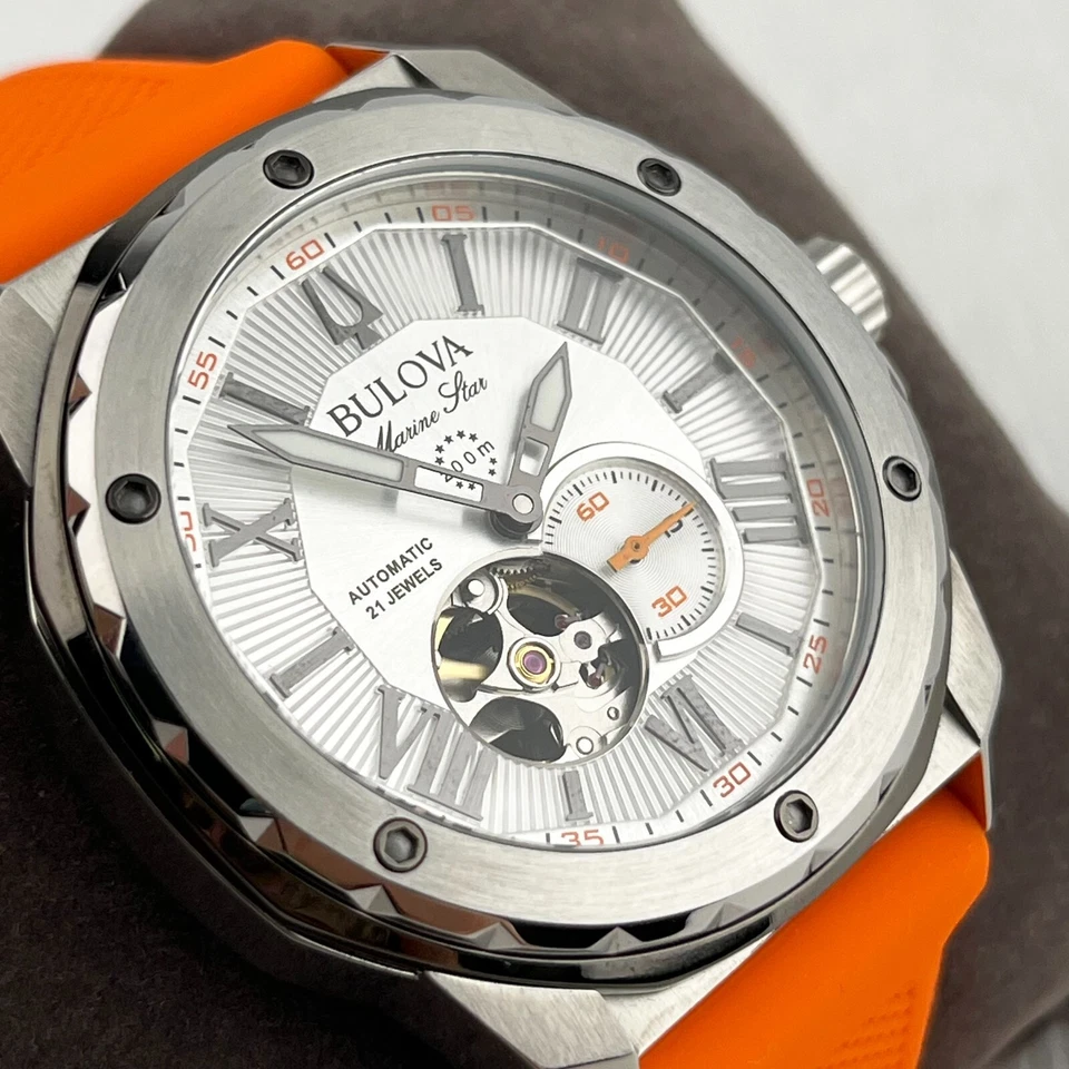 Bulova Marine Star Automatic 45mm White Dial Rubber Strap Men's Watch 98A226 - Image 2 of 4