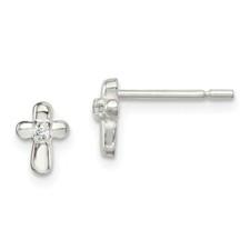 .925 Sterling Silver Cross with CZ Post Earrings 6mm x 4mm Children's Jewelry