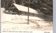 WINTER AT FOOD MARKET c1950 crestline ca real photo postcard rppc california