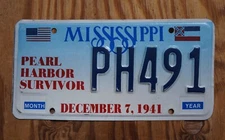 Mississippi PEARL HARBOR SURVIVOR License Plate - WWII Hawaii 1941