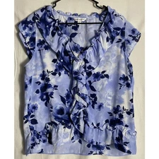 Counterparts Sz L Blue Indigo Floral Top Lightweight Ruffle Blouse Short Sleeve