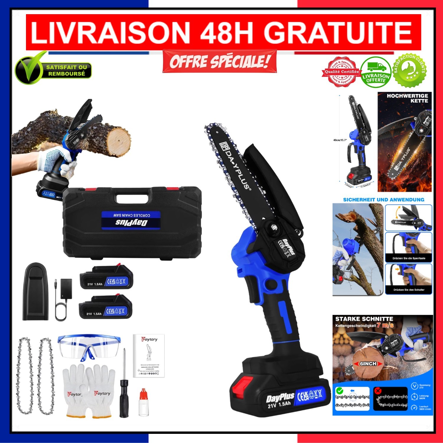 Mini tronçonneuse électrique 21V de 15 cm avec deux batteries rechargeables