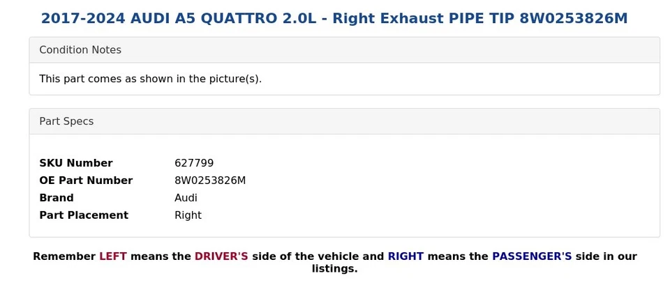 AUDI A5 QUATTRO 2017-2024 2,0 L - Punta de tubo de escape derecho 8W0253826M Foto 4 de 4