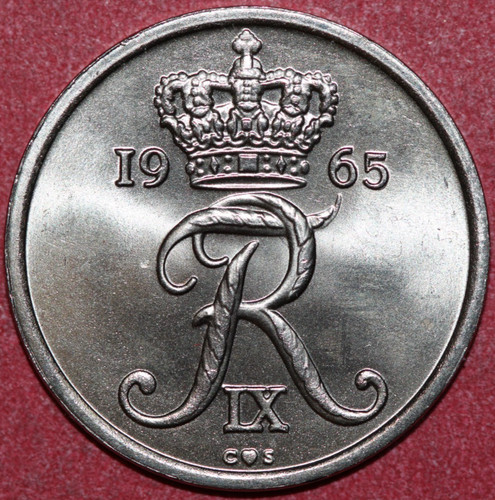 Denmark 1965 CS 25 Ore Frederik IX, die clash- Foreign Coin 23mm