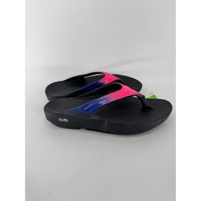 OOFOS OOlala Flamingo Sandals Women 7 Black Pink Blue Recovery Flip Flops