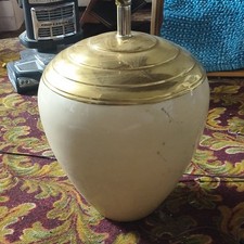 White Ceramic  Gold Metal Table Lamp Base, Corded, Rotary Knob Control