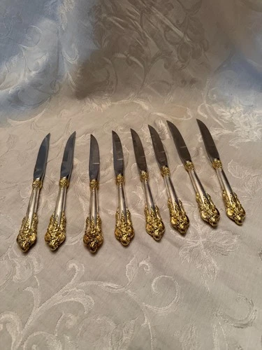 GOLDEN GRANDLE BAROQUE BY WALLACE STERLING SILVER SET OF 8 STEAK KNIVES 8 7/8