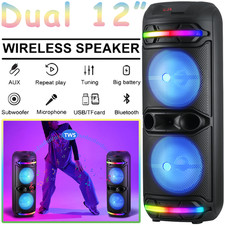 Portable Dual 12" Bluetooth Karaoke Party Speaker LED Wireless Mic Rechargeable