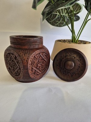 Hand-Carved Teak Wood Jar with Lid   Rustic Storage / Trinket Box