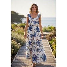 Le Ragazze Italy Silk Blend Floral Maxi Dress L Boho Blue White Ruffle Sleeve