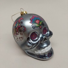 Skull Day Of Dead Ornament Glass Dia De Los Muertos 3 1/2 x 4