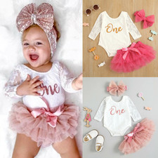 Baby Girls 1st First Birthday Dress Tutu Skirt Headband Cake Party Outfits Sets