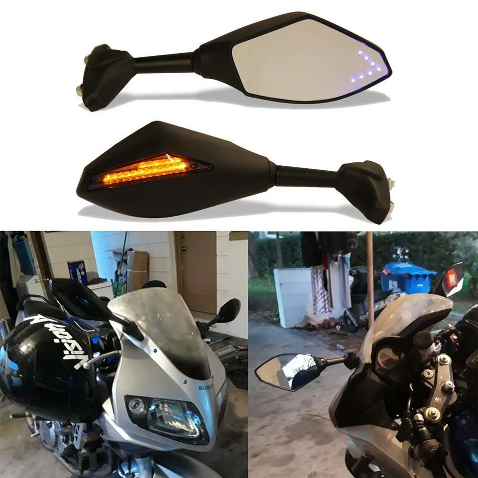 Espejos retrovisores para motocicleta Suzuki GSXR 600 750 1000 Hayabusa con intermitente LED azul Foto 2 de 4