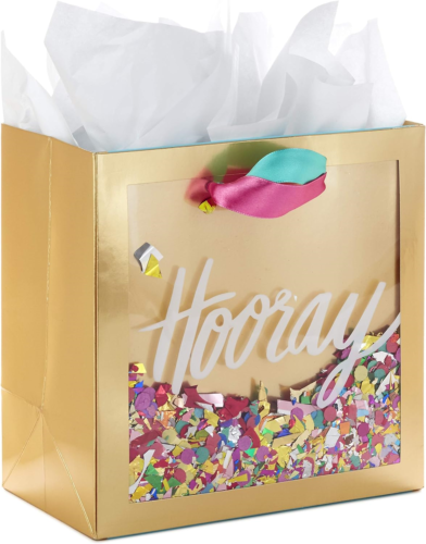 Hallmark Signature 7" Medium Gift Bag with Tissue Paper Hooray; Gold with Pink, - Photo 1/6
