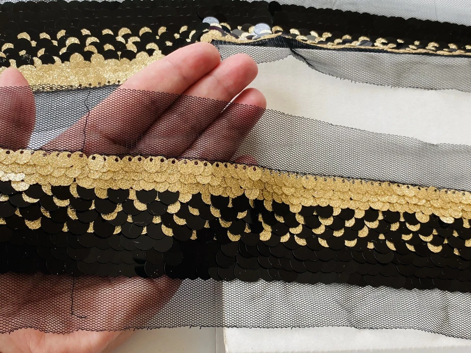 2 Yds Gold & Black Sequined Mesh Border Trim/Sewing/Craft/Dance-wear/3.25" Wide - Image 3 of 4