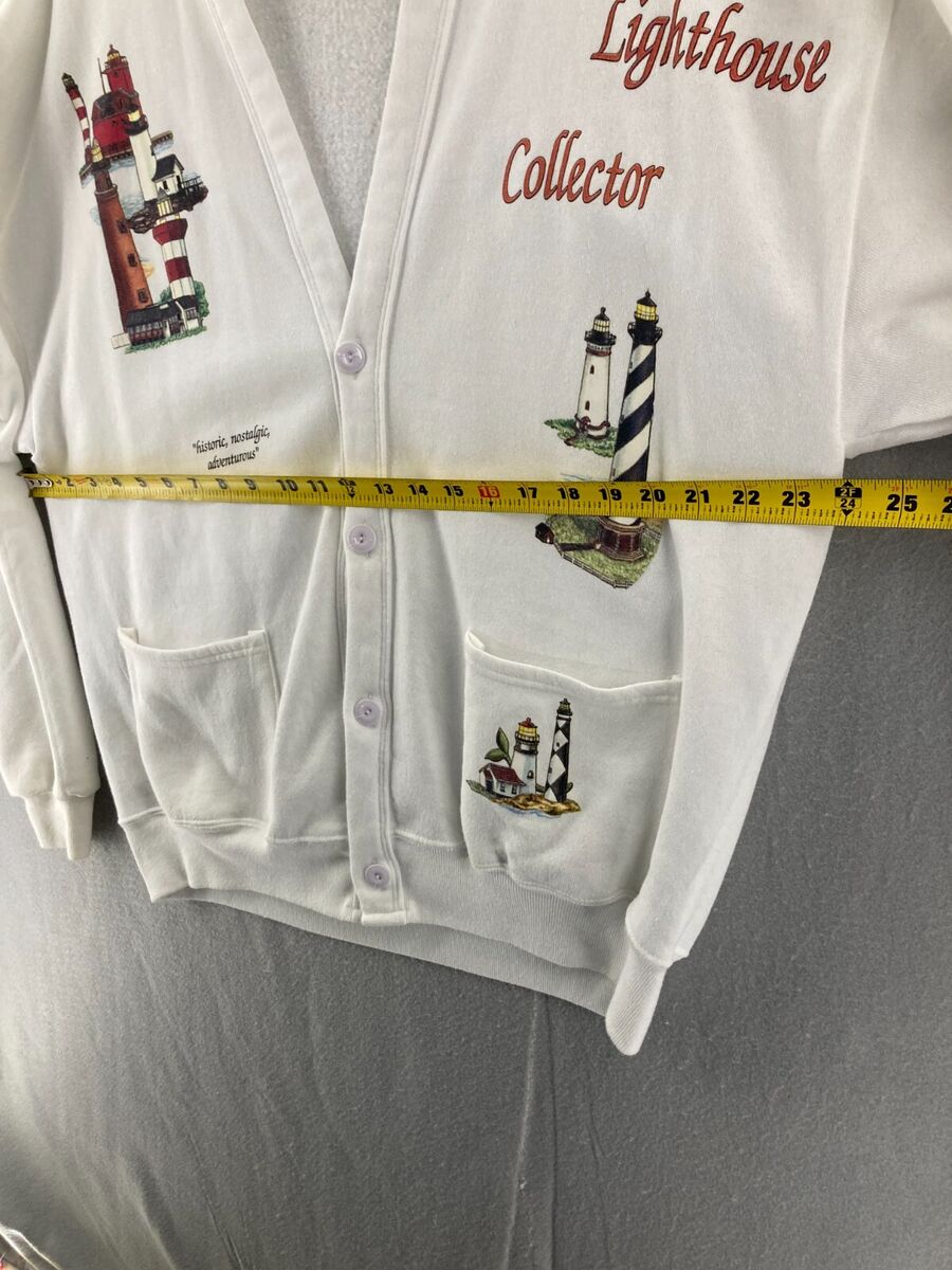Vintage Jerzees Cardigan Mens OSFM White Lighthouses | eBay Vintage Jerzees Cardigan Mens OSFM White Lighthouses | eBay